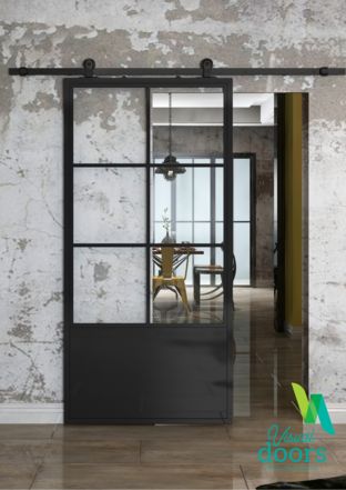 Steel And Glass Pantry Door, Industrial Style Sliding Door, Industrial Doors Sliding, Industrial Sliding Doors Internal, Steel Doors Interior, Industrial Door Design Entrance, Industrial Glass Door, Sliding Steel Doors, Industrial Doors Interior