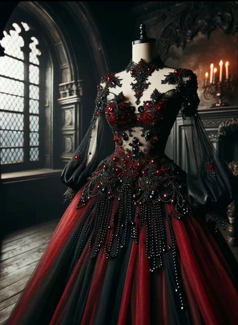 Red And Black Wedding Dress Goth, Vampire Gown, Gothic Ball Gown, Halloween Wedding Dresses, Vampire Ball, Fantasy Ball, Queen Of Halloween, Gothic Wedding Theme, Go Big Or Go Home