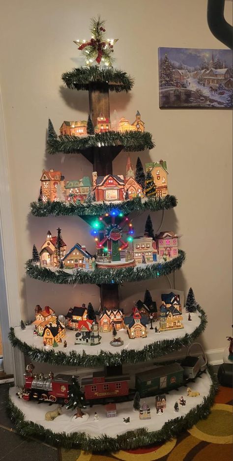 Christmas Village Tree Display, Village Tree Display, Christmas Town Display, Christmas Village Tree, Diy Christmas Village Displays, Village Tree, Christmas Bows Diy, Tree Display, Coastal Christmas Decor