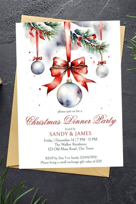 Christmas dinner party template invitation instant download traditional red ribbon snowy pines Holiday Brunch Invitations, Open House Party Invitations, Holiday Open House Invitations, Christmas Bridal Shower Invitations, Ornament Exchange Party, Christmas Bridal Shower, Christmas Bridal Showers, Etsy Invitations, Holiday Party Invitation