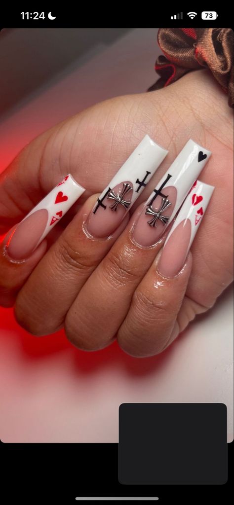 Nails With Cards Design, Ace Of Spades Nail Design, Ace Card Nails, Card Nails Acrylic, Ace Nails Designs, Valentine’s Day Nails Square, Card Themed Nails, Breakup Nails, Dice Nails Design