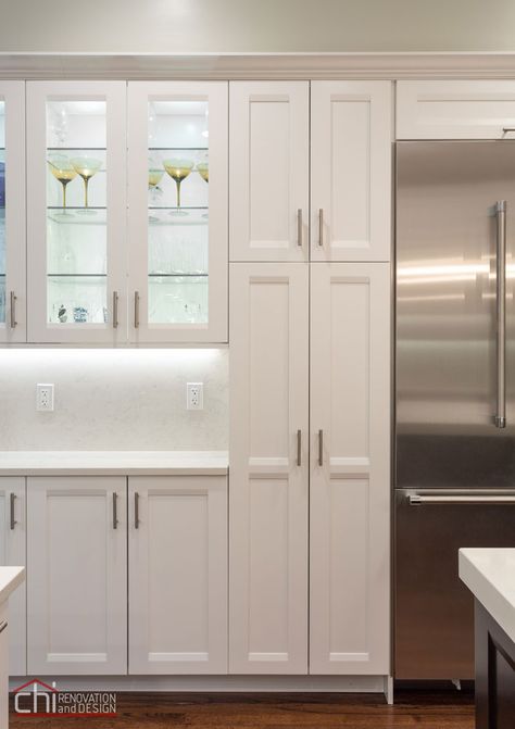 Small Kitchen Pantry, Kitchen Pantry Doors, Refrigerator Cabinet, Pantry Remodel, Pantry Cabinets, Pantry Wall, White Shaker Cabinets, Kitchen Remodel Design, Kitchen Pantry Cabinets