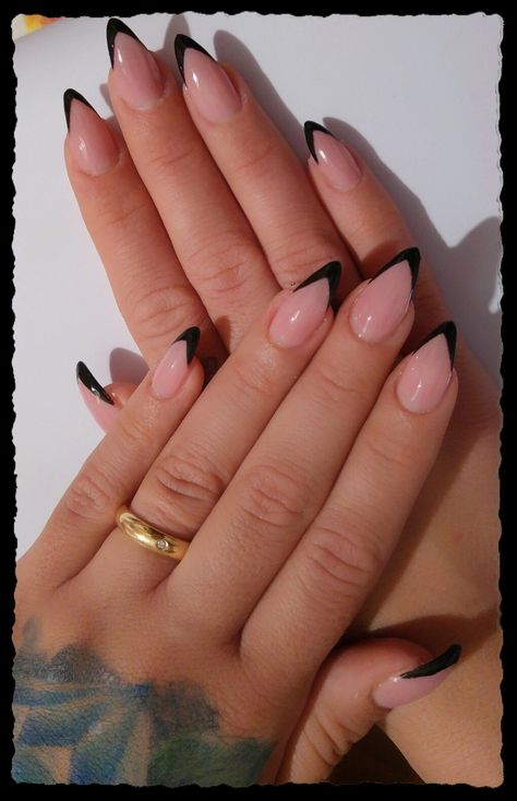 Black French Acrylic Nails Almond, Angled Black French Tip, Reverse French Almond Nails, Almond V Tip Nails, Black Tips On Almond Nails, Black French Pointy Nails, French Black Almond Nails, V Black Tip Nails, Black Tipped Almond Nails