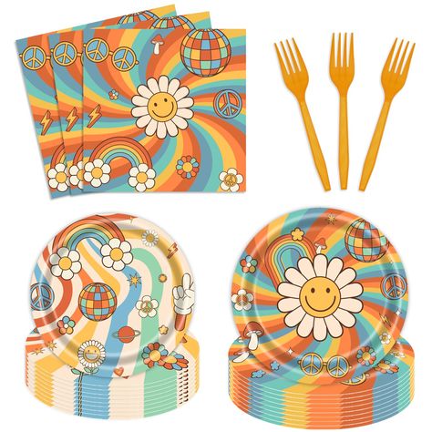 PRICES MAY VARY. 【Serve 24 Guests】This Groovy Hippie 70s birthday party kit has all you need for 24 guests, includes 24pcs 9'' dinner paper plates, 24pcs 7'' dessert plates, 24pcs paper napkins, 24pcs plastic forks. 【Safe and Premium Material】All our Groovy Hippie 70s themed plates and napkins are made of quality paper, not easy to tear and break. The disposable forks are made of quality plastic, non-toxic, no smell, heat-resistant and safe to food. 【Vibrant Color and Pattern】The pattern and col Sixties Theme Party, 60s Themed Birthday Party Decorations, Woodstock Party Decorations, Flower Themed Birthday Party Adult, Woodstock Party Theme, 70 Theme Party Ideas, 70s Party Food Ideas, 60s Birthday Party Ideas, Hippie Birthday Party Ideas