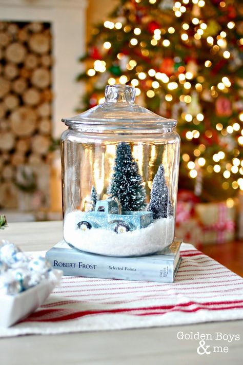 DIY snow globe made with glass cookie jar-www.goldenboysandme.com Winter Diorama, Christmas Snow Globes Diy, Diy Snow Globe, Beautiful Snow, Christmas Village Display, Christmas Color, Christmas Snow Globes, Homemade Christmas Gifts, Christmas Snow