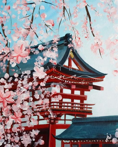 This artwork, 'Sakura Shrine', is a print of an original acrylic painting by Japan/UK-based artist, Jenna Wallace.  "One of my favourite things about Japan is how greatly the cherry blossoms are cherished in sakura season. How wonderful, that an entire nation collectively, takes a break from their hectic lives - to go out and simply admire flowers. I hold hope for the planet's future thanks to the deep love for nature that lies within us all." Japan Painting Acrylic, Shrine Painting, Sakura Flower Painting, Sakura Painting Acrylic, Cherry Blossom Scenery Painting, Cherry Blossom Chinese Painting, Cherry Blossom Painting Gouache, Japanese Cherry Blossom Painting Acrylic, Cherry Blossom Painting Acrylic