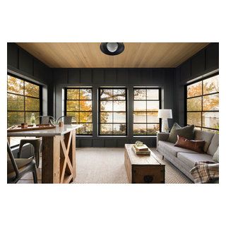 Lake House - Transitional - Sunroom - Minneapolis - by Thompson Construction | Houzz Black Sunroom, Modern Craftsman Exterior, Traditional Sunroom, Coastal Sunroom, Sunroom Remodel, 3 Season Room, Four Seasons Room, Sunroom Ideas, Modern Family Rooms