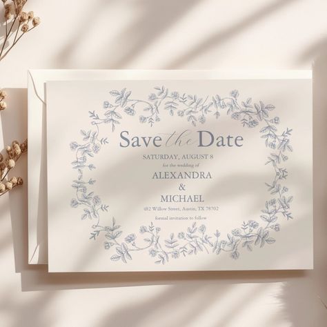 Elegant French Vintage Blue Floral Wedding Save The Date France Wedding Invitation, Spring Wedding Save The Date, Vintage French Wedding, French Style Wedding, Classic Save The Date, Wedding Evite, Blue Save The Date, French Blue Wedding, Save The Date Design