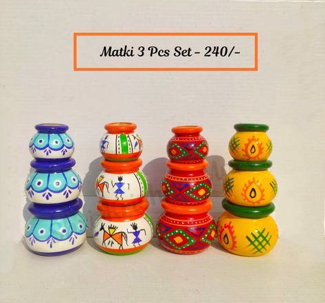 3 set of matki Available for ladoo gopal ji Small Pot Painting Ideas Indian, Small Pot Painting Ideas Creative, Matki Painting Ideas, Matki Decoration Ideas, Matki Decoration, Hindu Festival Of Lights, Thali Decoration, Indian Traditional Paintings, Pots Diy