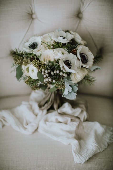 Panda Anemone Bouquets Panda Anemone, Emerald Wedding Colors, Evergreen Wedding, Spring Wedding Photos, Anemone Bouquet, Early Spring Wedding, Evergreen Flowers, Winter Floral Arrangements, White Wedding Decorations