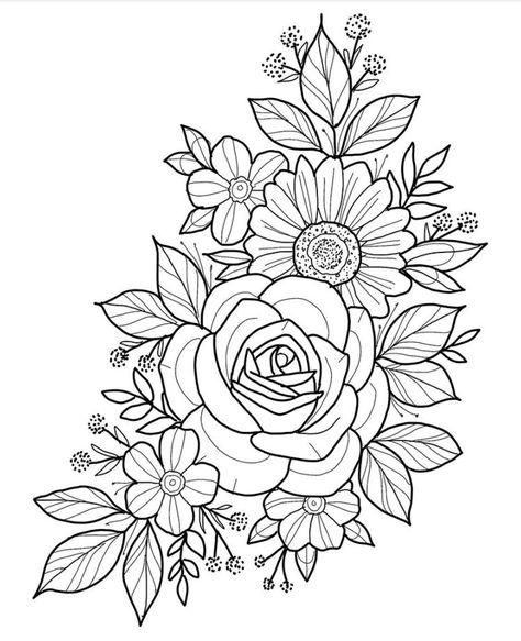 Astetic Coloring Pages, Drawing Ideas Flowers Pencil, Rose Flower Drawing Design, Floral Outline Drawing, Pola Stensil, Flower Tattoo Stencils, Rose Outline, Rose Coloring Pages, Love Coloring Pages