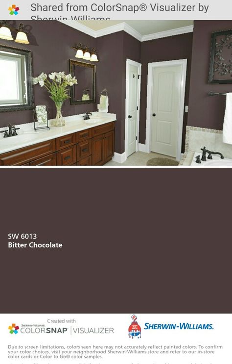 I just created this color palette with the Sherwin-Williams ColorSnap® Visualizer app on my Android phone. What do you think? You can learn more about ColorSnap Visualizer and get it on your phone free by visiting http://www.sherwin-williams.com/colorsnap. Sherwin Williams Bitter Chocolate, Sherwin Williams Chocolate Brown Paint, Bitter Chocolate Sherwin Williams, Chocolate Brown Paint, Energy Colors, Zyla Colors, Dark Ceiling, Bitter Chocolate, Brown Paint