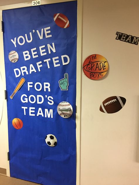 Game On VBS One Day Vbs Ideas, Game On Door Decorations, Sports Vbs Decorations, Game Theme Door Decorations, Bible Baseball Game, Vbs Sports Theme Decorations, Vbs Sports Theme, Cathletics Vbs, Sports Themed Vbs Lessons