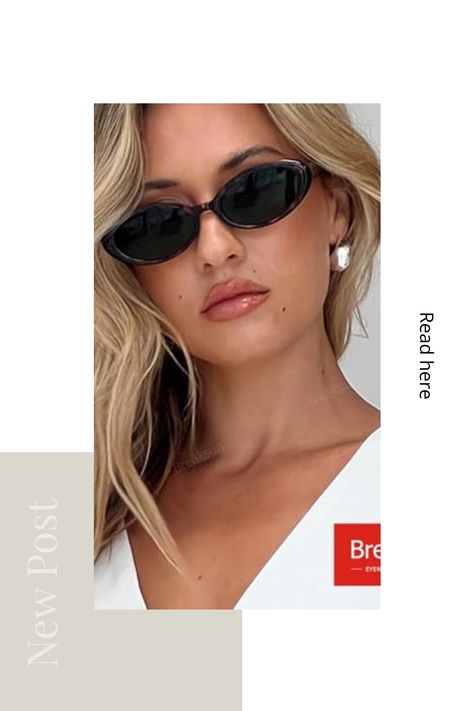 Woman with blonde hair wearing black sunglasses and white earrings, accompanied by text "New Post" and "Read here". Modern Oval Sunglasses For Summer, Cheap Modern Oval Sunglasses, Affordable Retro Oval Sunglasses, Retro Oval Sunglasses, Oval Sunglasses 90s, Small Oval Sunglasses, Retro Brown Oval Sunglasses, Sunglasses 90s, Trendy Shades