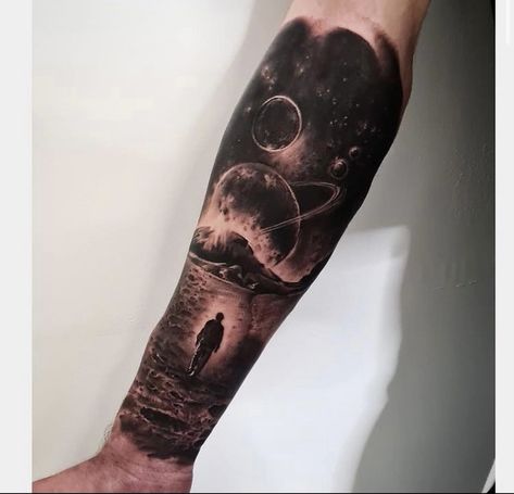 Otherworldly Tattoo, Movie Tattoo Sleeve, Coverup Tattoo Ideas For Men Forearm, Arm Sleeve Tattoo Ideas, Star Sleeve Tattoo, Outer Space Tattoos, Galaxy Tattoo Sleeve, Space Tattoo Sleeve, Rocket Tattoo