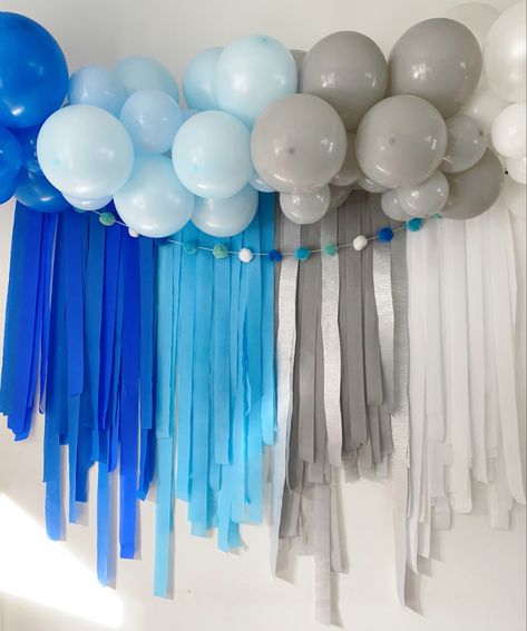 Crepe Paper Decorations Birthday, Crepe Paper Decorations Backdrop, Crepe Paper Backdrop Diy, Crepe Paper Backdrop, Blue Balloon Arch, Crepe Paper Decorations, 3rd Birthday Party For Boy, Office Birthday, Blue Balloon