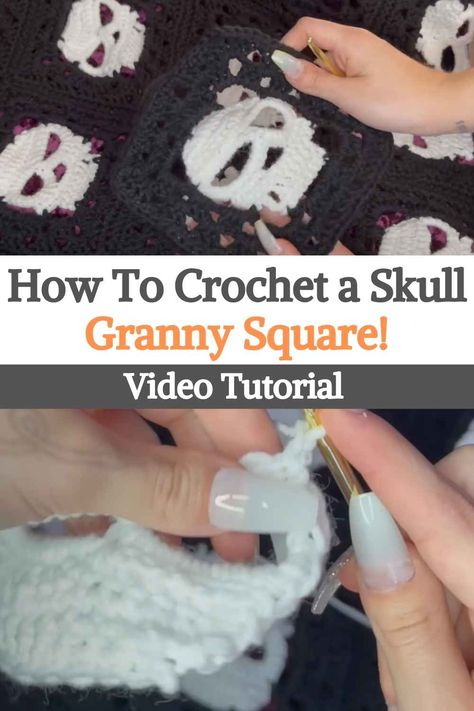 How To Crochet a Skull Granny Square! Scull Crochet Granny Square, Alter Cloth Crochet Pattern, Skull Granny Square Sweater, Crochet Patterns Skull, Skull Granny Square Tutorial, Skull Crochet Square, Skull Granny Square Blanket, Free Skull Granny Square Pattern, Skull Blanket Crochet Pattern