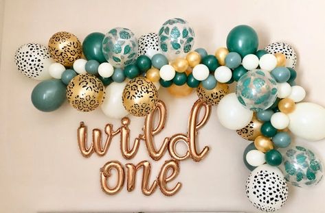 Wild One Balloon Decor, Safari First Birthday Party Boy, Wild One Dinosaur Birthday, Wild One Food Ideas Birthday, Wild One Balloon Arch, Wild One Baby Shower Theme, Leopard Balloons, Wild One Party Ideas, Wild One Birthday Party Girls Diy