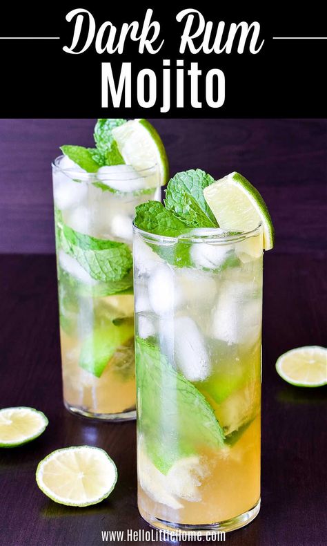 Looking for a unique twist on the Classic Mojito? Then, you’re going to LOVE this easy Dark Rum Mojito recipe! Learn how to make the BEST Mojito with Dark Rum (or Gold Rum) using simple, delicious ingredients. This mouthwatering Dark Rum Cocktail – sometimes called a Dirty Mojito – is wonderfully refreshing (thanks to Lime, Mint, and Club Soda) and highlights the deep, caramel, tropical flavors you love in your fave Dark Rum. Treat yourself to this Dark Mojito Drink today! | Hello Litt... Spiced Rum Mojito, Bacardi Dark Rum Drinks, Rum Mojito Recipe, Dark Rum Drinks, Dark Rum Cocktails, Mojito Drink, Classic Mojito, Gold Rum, Rum Cocktail Recipes