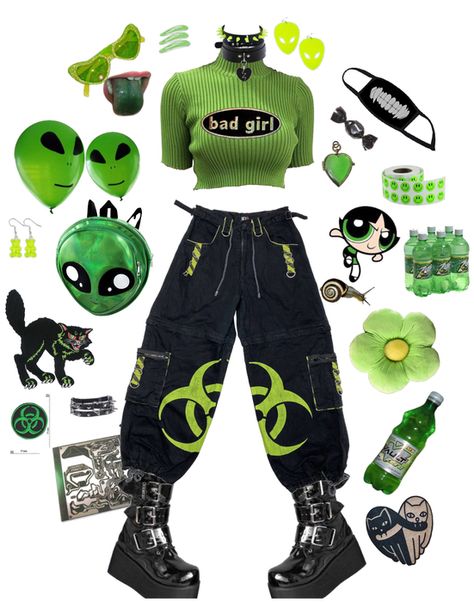 Cool Outfit Aesthetics, Alien Inspo Outfit, Biohazard Aesthetic Outfit, Alien Fashion Aesthetic, Alien Clothes Aesthetic, Space Aesthetic Fashion, Green Alt Outfits, Alien Core Outfits, Alien Core Aesthetic