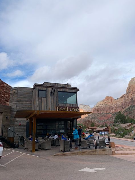 Utah Coffee Shops, Mountain Coffee Shop, Mountain Aesthetic, Cute Coffee Shop, Utah Mountains, Mountain Coffee, Cute Coffee, Coffee Coffee, Zion National Park