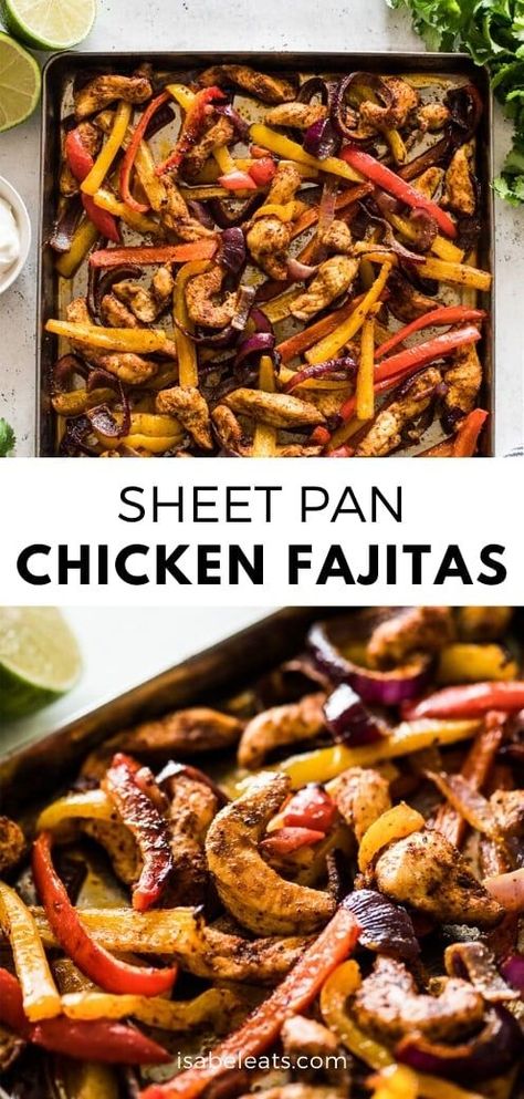 These Sheet Pan Chicken Fajitas are a favorite Mexican weeknight dinner recipe that's low carb, keto, paleo, gluten free and ready in only 30 minutes. Seasoned chicken breast, bell peppers and onions are baked on one sheet pan all at the same time! #sheetpan #chickenfajitas #fajitas #mexicanfood Seasoned Chicken Breast, Sheet Pan Chicken Fajitas, Isabel Eats, Pan Chicken Fajitas, Sheet Pan Chicken, Mexican Dinner Recipes, Seasoned Chicken, Mexican Dinner, Chicken Breast Seasoning