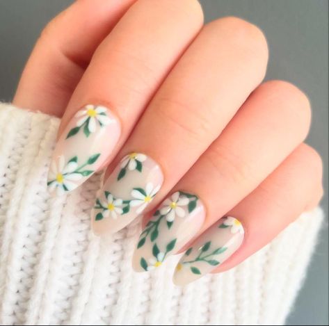 Last Summer Nails, Sqovalnails Short, Colourful Nails Designs, Nail Ideas Flowers, Simple Aesthetic Nails, Vine Nails, Gel Nails Spring, Floral Transfers, Side Edges