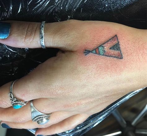 Small Teepee Tattoo, Small Western Finger Tattoos, Teepee Tattoo Design, Hand Tattoos For Women Country, Small Indian Tattoos For Women, Teepee Tattoo Native Americans, Small Native Tattoos, Chippewa Tattoo, Small Punchy Tattoos