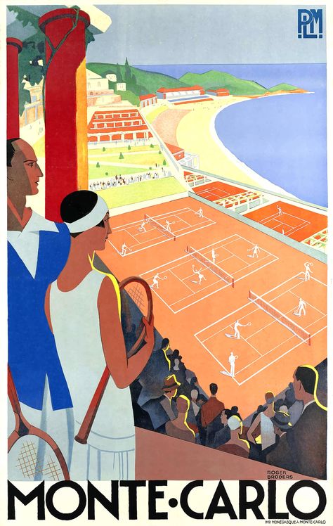 Antique 1930 travel poster by Roger Broders promoting the riviera and tennis in Monte-Carlo, Monaco.  monaco poster,monte carlo poster,roger broders,vintage tennis poster,vintage sporting poster,riviera poster,art deco poster,1930s,plm poster,art deco advertising,travel Poster,vintage travel poster,vintage travel,antique travel poster,tourism poster,retro travel,oster art,vintage poster,affiche,cartel,vintage advertising poster,retro poster,retro advertising,vintage ads,retro style Roger Broders, Monte Carlo Tennis, Tourism Ads, Historic Posters, Vintage Propaganda, Posters Decor, Design Fundamentals, Tennis Posters, Tennis Art