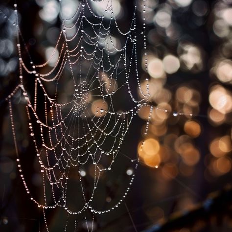 Dewy Spiderweb Glistens: A delicate spiderweb adorned with dew drops shines brilliantly against a blur of golden light. #spiderweb #dew #light #bokeh #nature #morning #dewdrops #glisten #aiart #aiphoto #stockcake https://ayr.app/l/vTwG Vintage Spiderweb Photoshoot, Dewy Spiderweb, Dew Drops, Peaceful Places, Golden Lights, Spider Web, High Quality Images, Art