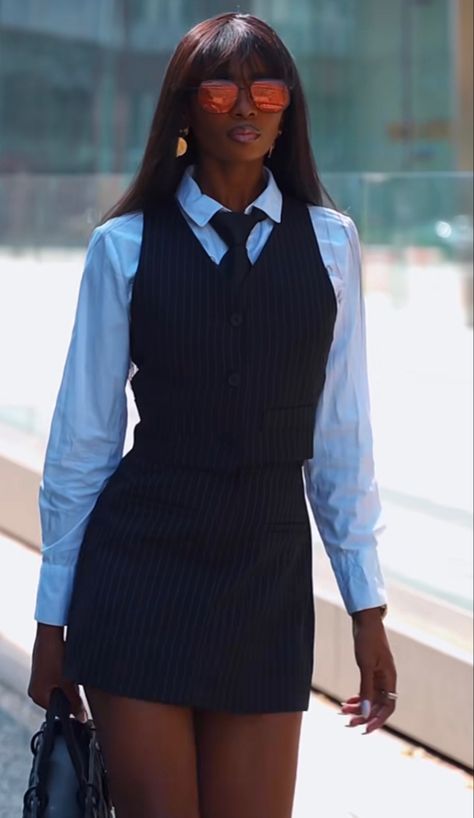 Wedding Outfit Woman Guest, Female Formal Outfits Aesthetic, Preppy Law School Outfit, Two Braid Outfit Ideas, Collared Shirt Outfit Black Women, Everyday Uniform Women, Journalists Outfit, Womens Striped Shirt Outfit, Black Preppy Dress