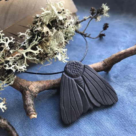 Moth Ceramic, Clay Moth, Moth Pendant, Ceramic Jewellery, Air Dry Clay Projects, Black Porcelain, Creating Texture, Pottery Handbuilding, Ceramic Necklace