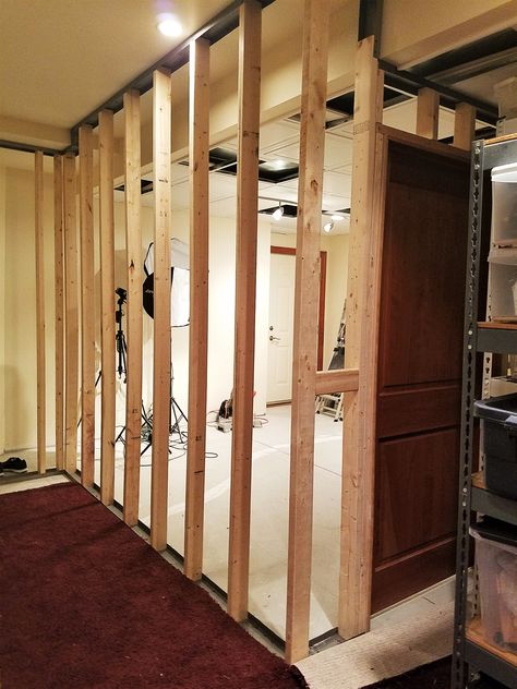 Build A Partition Wall, Building A Wall With A Door, Framing A Basement Wall, Diy Framing A Wall, Diy Build A Wall Cheap, How To Build An Interior Wall, Build A Wall Divider, Cheap Basement Wall Ideas Easy Diy, Basement Partition Ideas