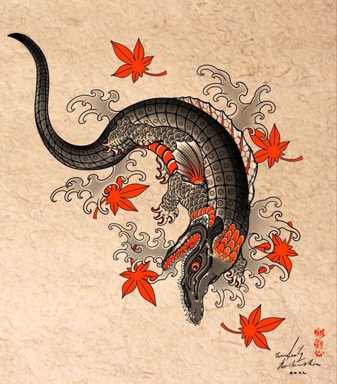 Japanese Style Crocodile Tattoo, Animal Japanese Tattoo, Japanese Salamander Tattoo, Japanese Alligator Tattoo, Japanese Crocodile Tattoo, Japanese Artwork Tattoo, Japanese Peacock Tattoo, Japanese Old School Tattoo, Komodo Dragon Tattoo