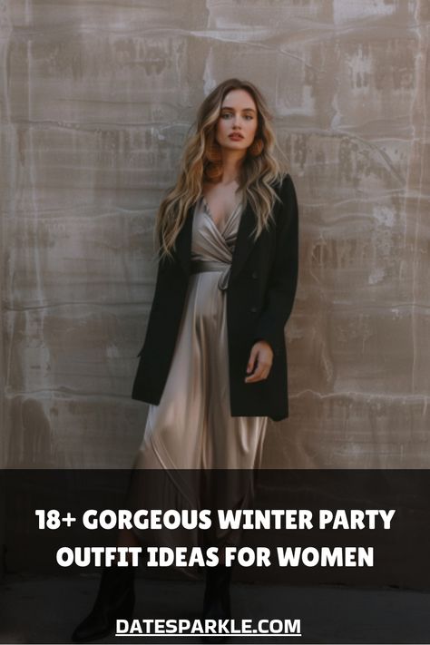 Woman in a long, elegant silver dress and black coat against a textured wall. Winter Party Outfits, Party Outfit Ideas For Women, Winter Party Outfit, Party Outfit Ideas, Party Outfits For Women, Get A Girlfriend, Winter Parties, Velvet Wrap Dress, Outfit Ideas For Women