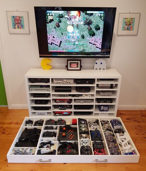 The family room console cabinet or how many consoles can you fit in a 2x4 kallax. - Show Us Your Collection! - AtariAge Forums Retro Gaming Setup, Kitchen Cabinets With Legs, Ikea Kitchen Cabinet, Cabinet Legs, Cube Unit, Ikea Kitchen Cabinets, Ikea Kallax, Console Cabinet, Kallax Ikea