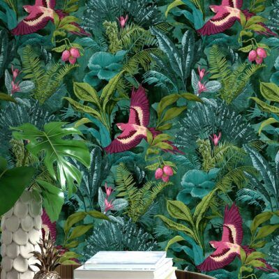 Rainforest Birds, Rainforest Theme, Tropical Parrot, Go Wallpaper, Wallpaper Uk, Ceiling Light Shades, Palm Leaves Print, Tropical Wallpaper, Tropical Foliage