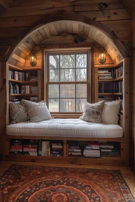 Nook Bedroom Ideas Small Rooms, Cute Unique Room Decor, Reading Corner With Shelves, Bedroom Inspirations Corner Bed, Vintage Reading Nook Cozy Corner, Arch Reading Nook, Rustic Book Nook, Tiny Home Reading Nook, Office Nook In Closet