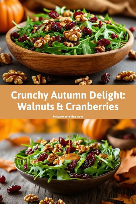 Wooden bowls filled with green leafy salad, walnuts, and dried cranberries topped with a drizzle of maple dressing. Salad With Walnuts And Cranberries, Candied Walnuts For Salad, Cranberry Walnut Salad, Maple Dressing, Salad With Walnuts, Winter Salads, Autumn Salad Recipes, Winter Salad Recipes, Thanksgiving Salad