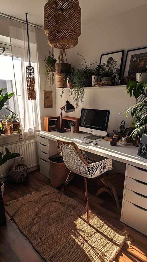 Boho Office Design Ideas, Chill Home Office, Earth Tone Office Decor, Earth Tone Office, Earthy Office, Home Yoga Room, Stylish Tips, Cozy Home Office, Office Inspo