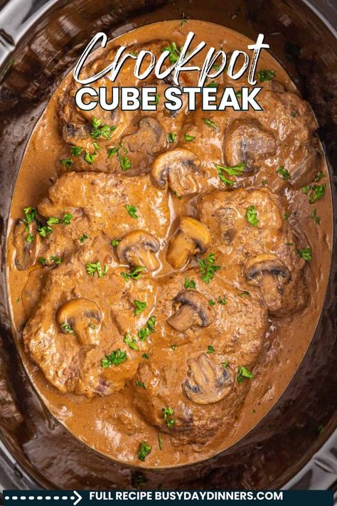 Easy Crockpot Cube Steak with Gravy | Busy Day Dinners Crock Pot Deer Steaks, Cubed Steaks In Crockpot, Cube Steak In Crockpot, Deer Cube Steak Recipes Crock Pots, Cube Steak With Gravy, Baked Steak Recipes, Smothered Cube Steak, Cube Steak Crock Pot Recipes, Crock Pot Cube Steak