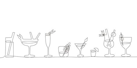 Cocktails set in trendy one continuous line art style. Party, pub, restoraunt, club element for prints, textile, posters,cards etc. fresh and cold alcohol coctail. Vector linear abstract illustration Bar Line Art, Prints Textile, Continuous Line Art, Line Art Style, Cocktail Set, Continuous Line Drawing, Architecture Design Concept, Line Art Design, Abstract Illustration