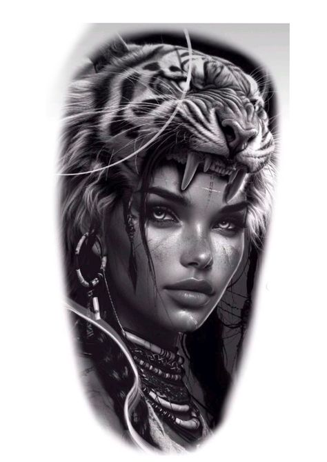 Woman With Tiger Headdress Tattoo, Woman Face Tattoo For Men, Darkside Wallpaper, Indian Woman Tattoo, Indian Tattoo Ideas, Tattoos New York, Tattoo Indien, Realism Tattoo Ideas, Indian Women Tattoo