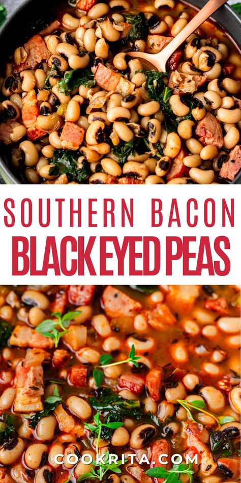 This hearty Black Eyed Peas recipe is loaded with smoky bacon, savory sausage, and bold Southern flavors. A cozy, comforting dish perfect for family dinners or New Year’s luck! 🥘🥓 #BlackEyedPeas #SouthernComfortFood #NewYearsRecipes Hoppin John Recipe Southern Style, Southern Black Eyed Peas, Black Eyed Peas Recipe, Hoppin John, Grandbaby Cakes, Peas Recipe, Soul Food Recipes, Homemade Cornbread, Cooking Bacon