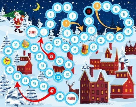 Christmas Eve Board Game with Santa and Houses by VectorTradition | GraphicRiver Preschool Board Games, Advent Crafts, Template Images, Christmas Board Games, Brick Houses, December Activities, Winter Art Projects, Advent For Kids, Christmas Puzzle