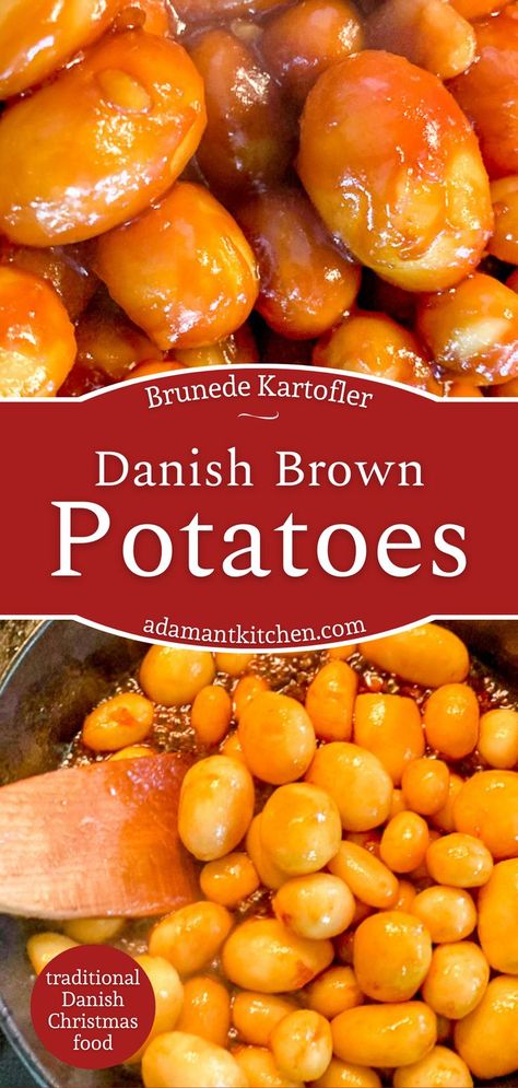 Danish brown sugar potatoes being cooked in a pan n Christmas Eve Danish Meals, Scandinavian Food Recipes, Danish Potatoes, Denmark Food Recipes, European Christmas Food, Danish Baking Recipes, Danish Dinner Recipes, Danish Christmas Recipes, Denmark Recipes