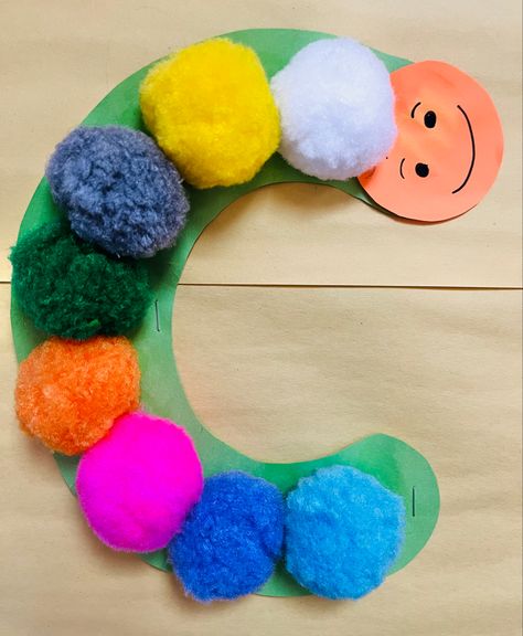 Easy Toddler letter C activity. Large pompoms and construction paper is all you need Craft For Letter C Preschool, Letter C Art For Toddlers, Letter C Activity, C For Caterpillar Craft, Letter C Cat Craft, Letter C Activities, October Activities, Easy Toddler, Letter C