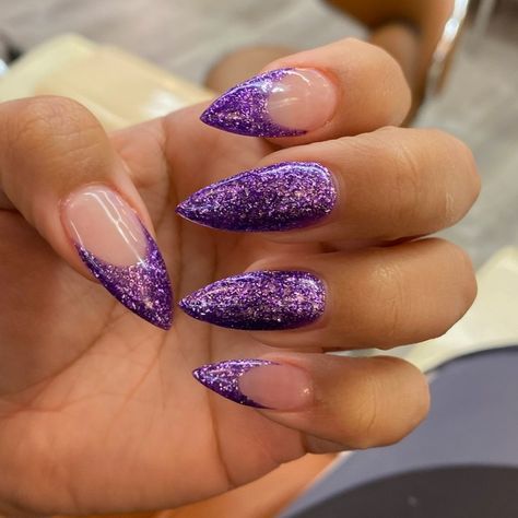 Almond Acrylic Nails Purple Glitter, Sparky Purple Nails, Purple Nails Stilleto, Sparkly Purple Almond Nails, Purple Glitter French Tip Nails Acrylic, Monochromatic Purple Nails, Gel Nails Purple Glitter, Purple Glitter French Nails, Purple Sparkle French Tip Nails