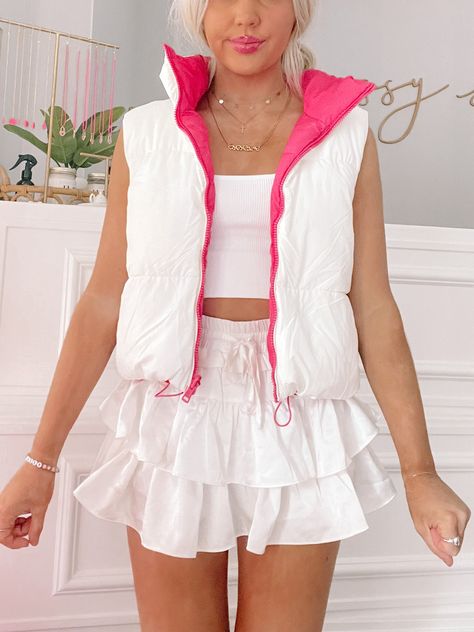 The Best of Both Worlds Vest from Sassy Shortcake is a REVERSIBLE pink and white vest. She features side pockets and a front zipper closure. One side is white with pink details and the other side is pink with white details. With this pretty, you truly get the best of both worlds!! fit: runs true to size (model wearing a size small) content: 100% polyester care: hand wash cold Trendy Pink Summer Vest, Cheap Pink Vest Top, Trendy Pink Vest Top, Cute Pink Vest Top, Trendy Fitted Pink Vest, Unique Rave Outfits, Lululemon Dress, Mermaid Tail Skirt, School Dance Dresses