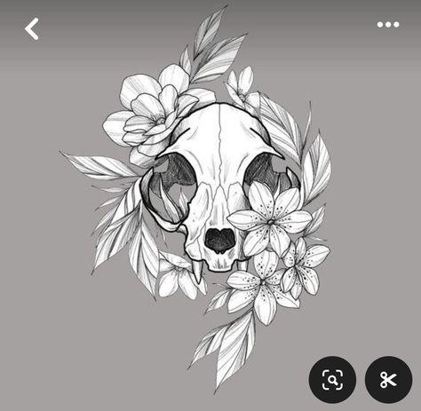 Scull Flower Tattoos, Cat Skull Flower Tattoo, Animal Skull Drawing Flowers, Simple Animal Skull Drawing, Cat Skull Chest Tattoo, Animal Skull With Flowers Tattoo, Animal Skull Tattoos For Women, Animal Skull Drawing Sketches, Animal Skull Tattoo Flowers